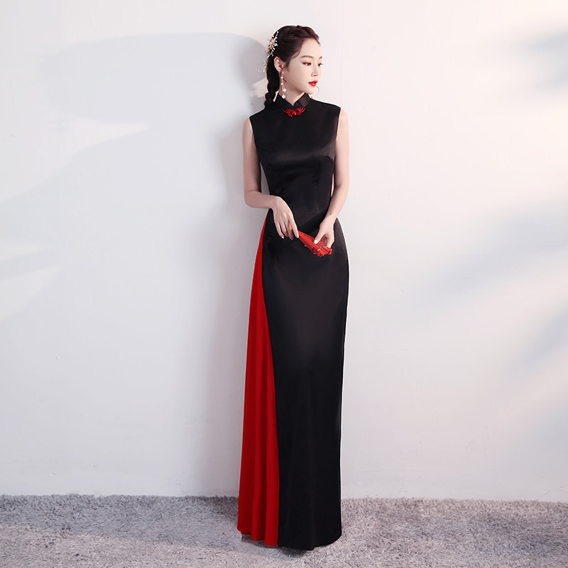 2026新款中国风改良走秀礼仪旗袍秀演出服女黑色高端长款老上海显