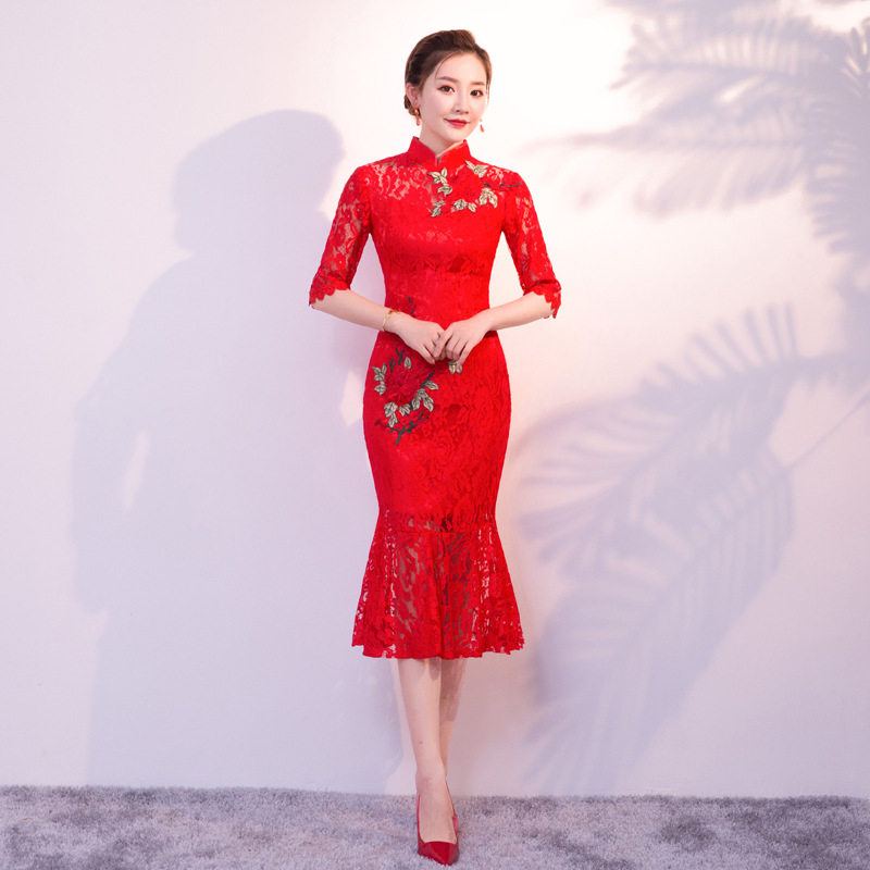 2026新款新娘结婚敬酒服鱼尾红色镂空礼服中款蕾丝旗袍改良女夏高