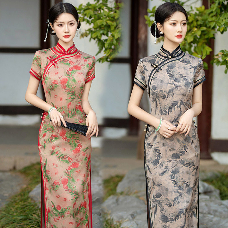2026新款传统国风中式长款改良旗袍女复古修身短袖走秀款演出服装