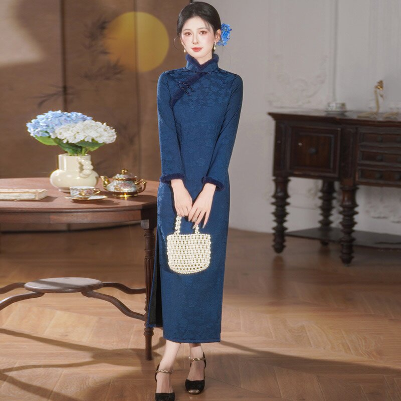 2026新款蓝色冬装加绒加厚国风新中式长款长袖改良旗袍女复古
