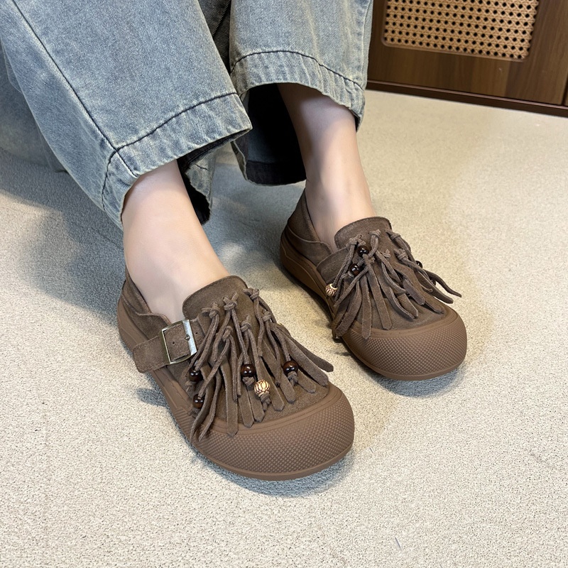 2025新款小众设计款复古休闲流苏单鞋女春夏真皮包头平底板鞋