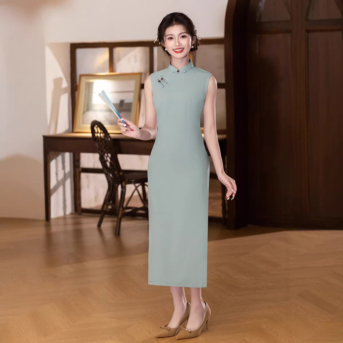 2026新款夏纯色中式改良旗袍女无袖文艺优雅日常年轻款连衣裙现货