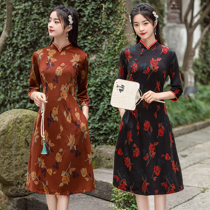 2026新款特价中长款七分袖妃貂绒日常旗袍改良宽松版妈妈装大码连