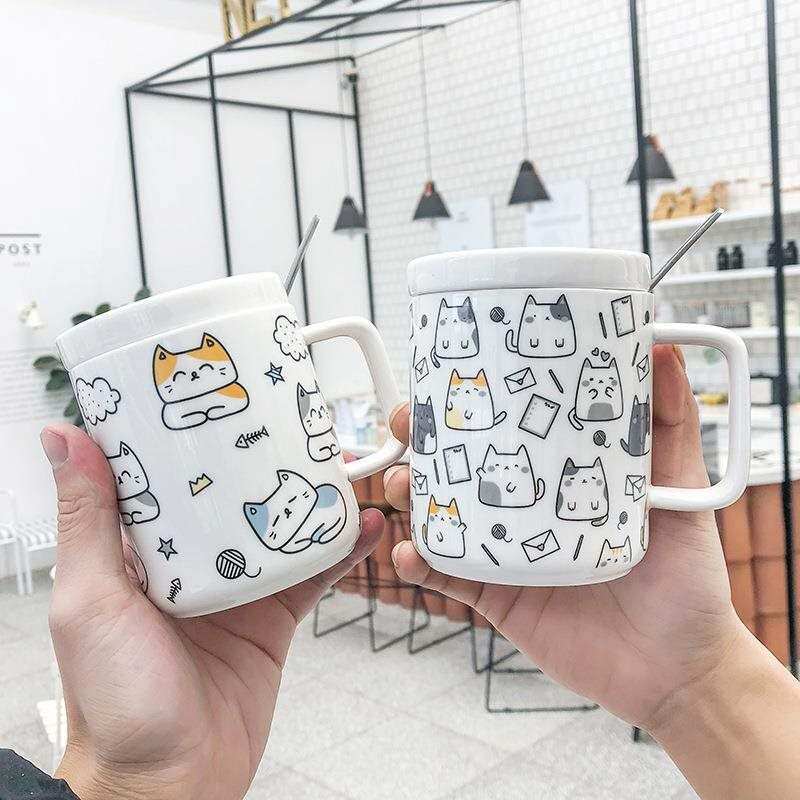 ceramic cat mug with lid, office coffee mug with spoon
