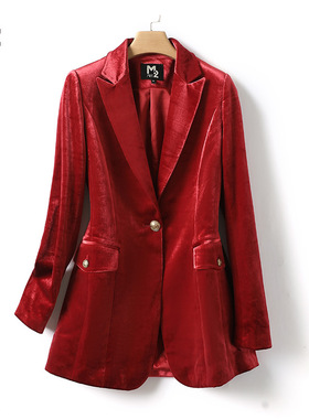 M2折扣店女装春秋中年妈妈气质长款外套修身红色黑色丝绒西装