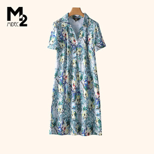 M2品牌折扣店春夏宽松大码 印花连衣裙 中年妈妈时尚 显瘦短袖