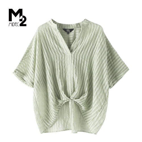 M2V领条纹绑结短袖女衬衫