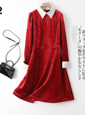 M2女装品牌折扣连衣裙女春秋平绒高弹红色长袖宽松大码中长款裙子