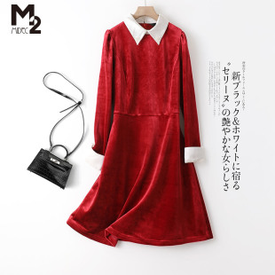 中长款 宽松大码 裙子 品牌折扣连衣裙女春秋平绒高弹红色长袖 M2女装