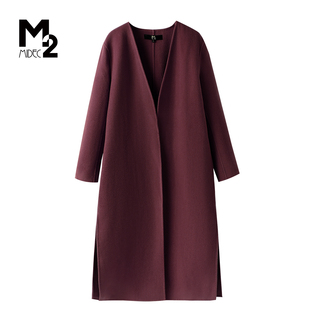 M2折扣店冬季宽松大码中年妈妈极简羊毛外套中长款V领双面呢大衣