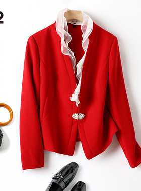 M2女装品牌折扣外套女春秋气质红色长袖修身大码小个子短款上衣