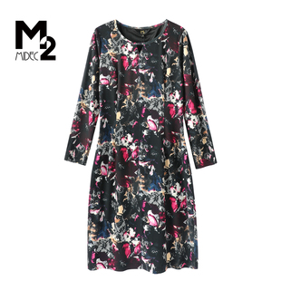 M2折扣店春秋新中式设计感碎花圆领修身中长款气质裙长袖连衣裙