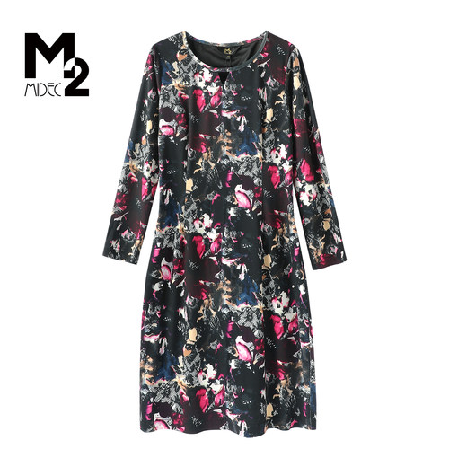 M2折扣店春秋印花妈妈长袖连衣裙