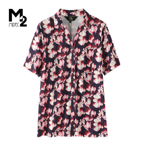 M2度假风印花翻领短袖衬衫女