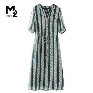 m2折扣店复古几何风条纹连衣裙女夏V领短袖系带收腰中长裙度假风