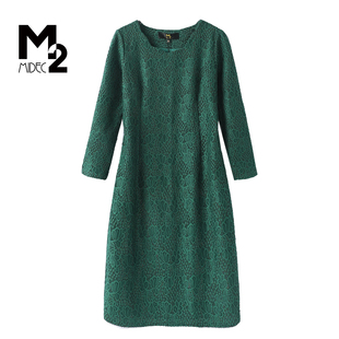 M2折扣店春秋中年妈妈简约风蕾丝圆领修身显瘦中长款长袖连衣裙