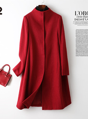 【品牌断码清仓】M2女装毛呢大衣羊毛呢子红色宽松大码中长款外套