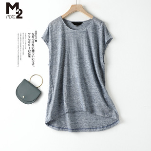 时尚 M2女装 小衫 品牌折扣亚麻t恤女夏季 洋气休闲上衣 宽松圆领短袖