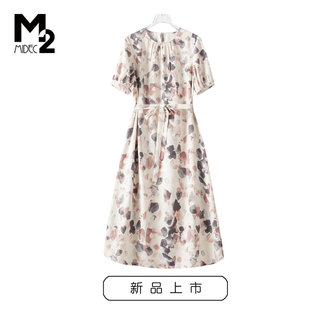 M2折扣店夏新款 连衣裙 宽松大码 系带收腰印花中年妈妈雪纺短袖