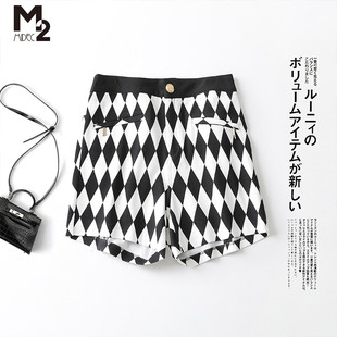 阔腿休闲裤 M2女装 洋气黑白格子大码 女春秋时尚 子 品牌折扣针织短裤