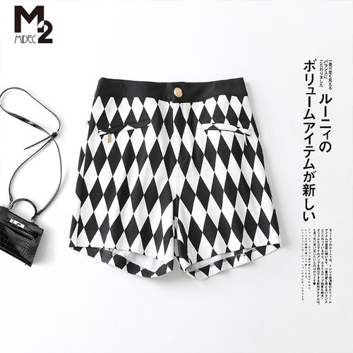 M2女装品牌折扣针织短裤女春秋时尚洋气黑白格子大码阔腿休闲裤子