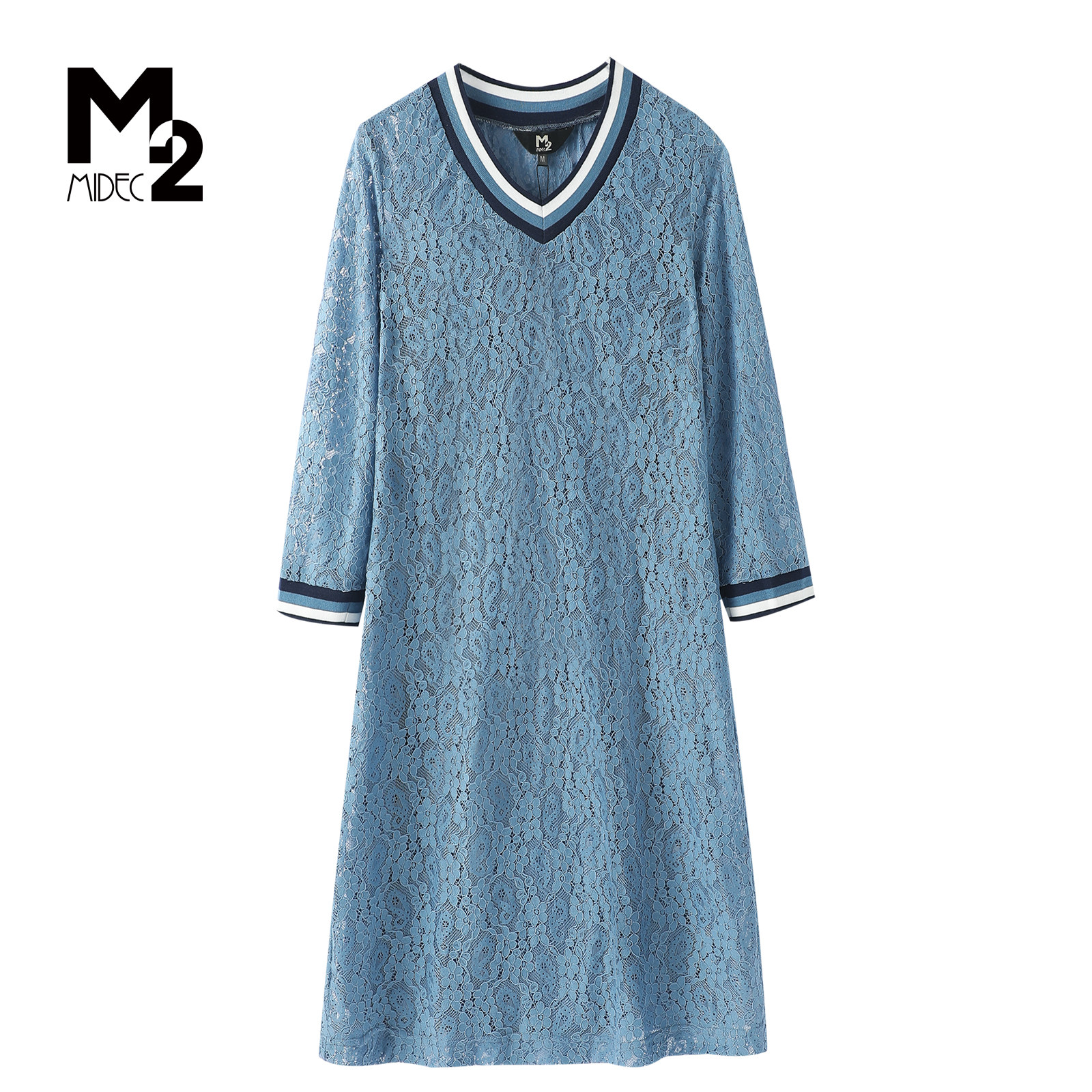 M2折扣店春秋中年妈妈V领蕾丝蓝色撞色边减龄显瘦中长款连衣裙,女装/女士精品,连衣裙,淘宝优惠券,粉丝福利购,淘宝优惠卷