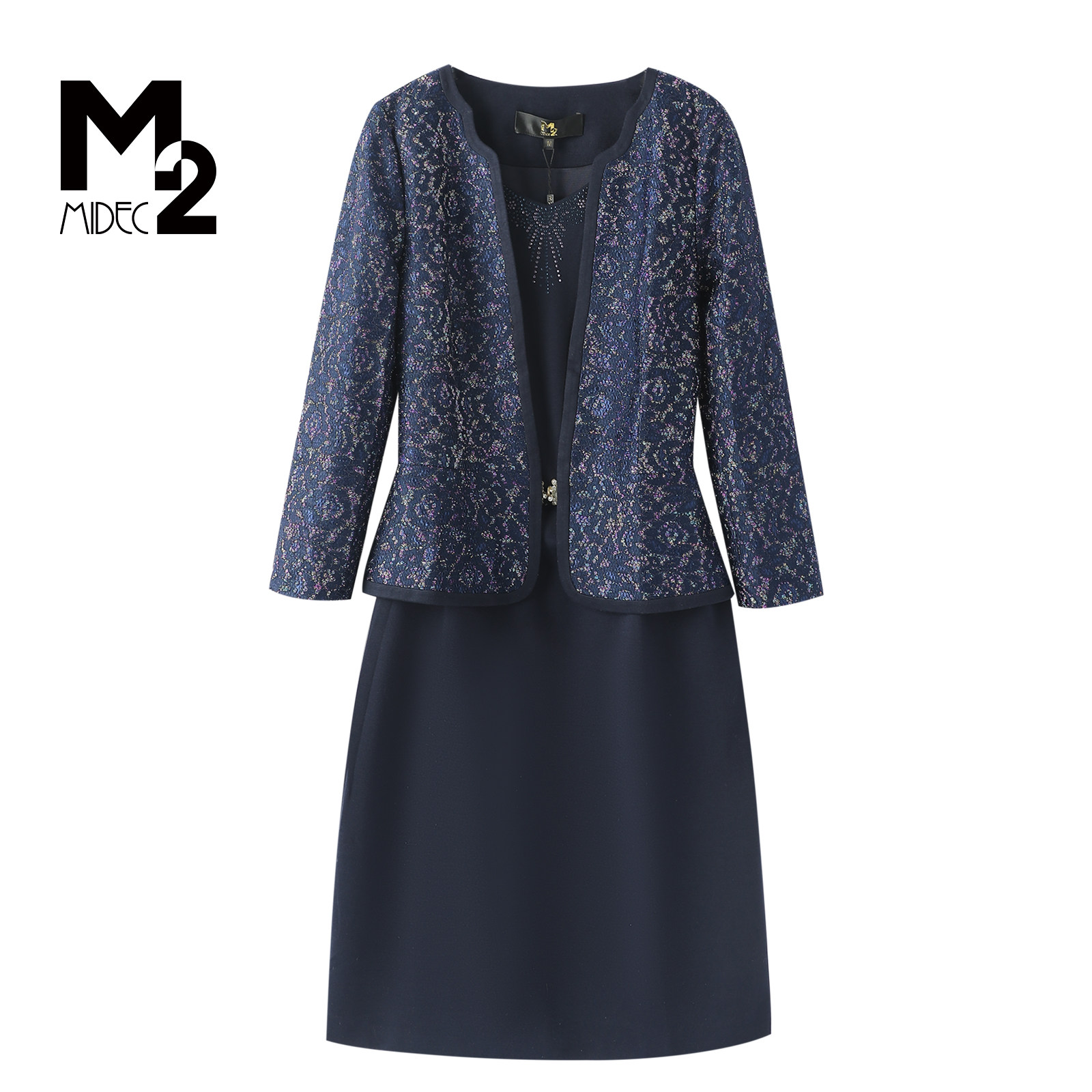 M2折扣店春秋长袖开衫外套假两件套高端气质新中式蕾丝连衣裙