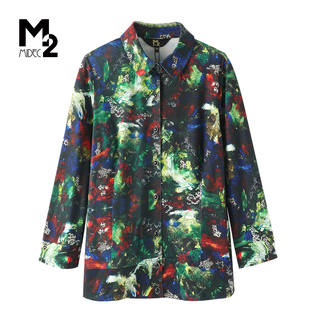 M2折扣店春夏宽松大码长袖翻领纽扣上衣个性艺术风长袖印花衬衫