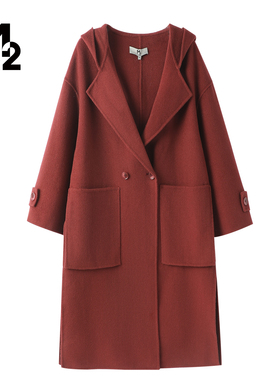 M2折扣店冬新款连帽长款羊毛呢外套红色双排扣双面呢大衣