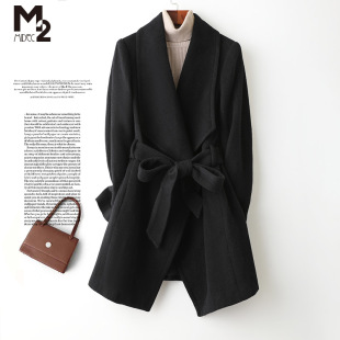 M2女装 清仓 毛呢大衣腰带修身 大码 羊毛外套 中长款 品牌断码