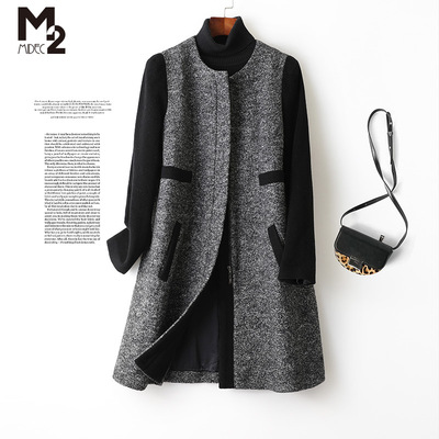 女装品牌折扣拼接宽松毛呢大衣