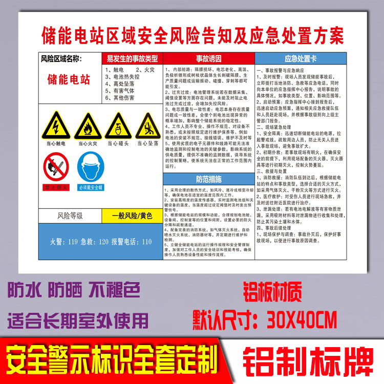 储能电站区域安全风险告知及应急处置方案标牌反光警示标识牌定制