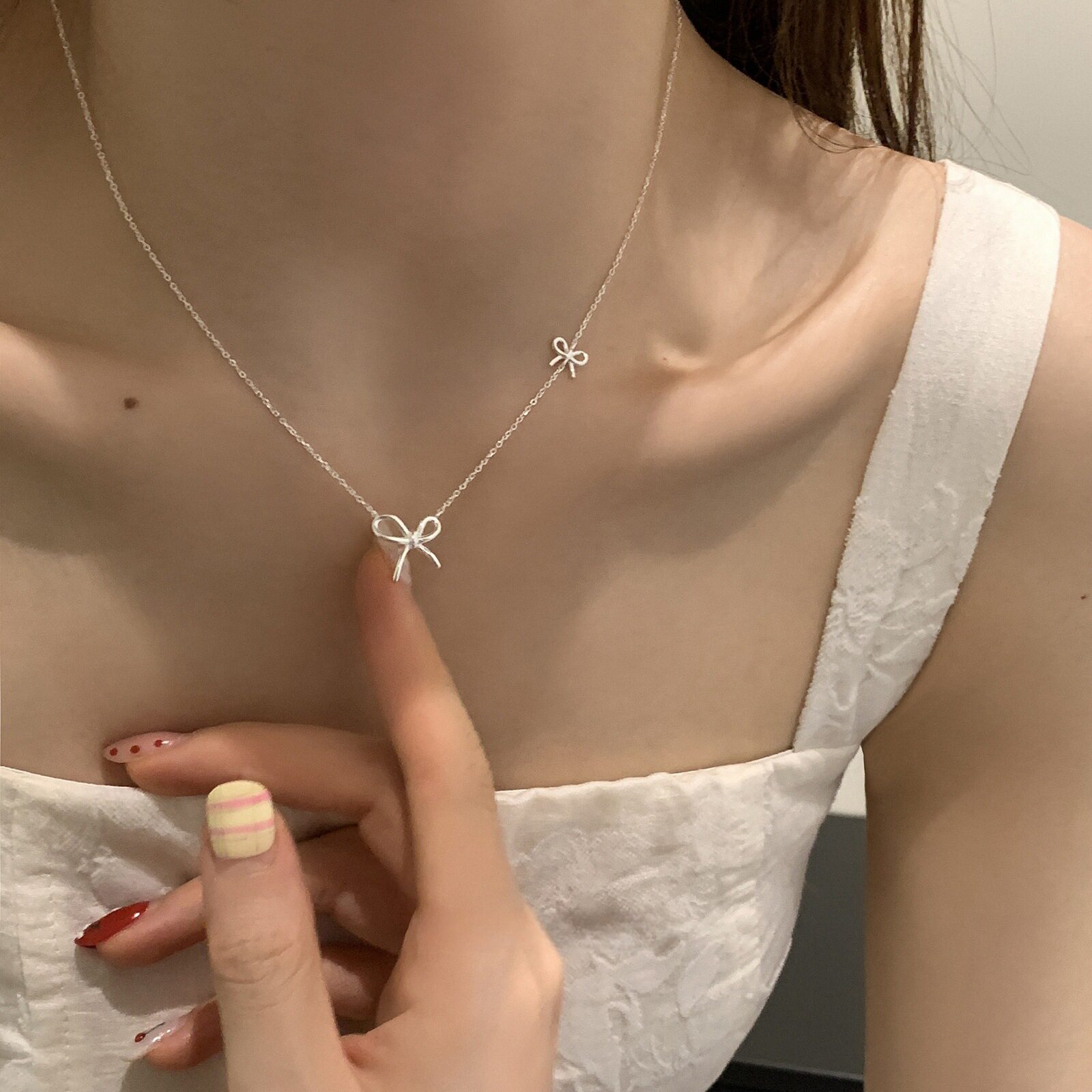 s925纯银双生蝴蝶结项链女甜美少女心ins风简约小众高级感锁骨链