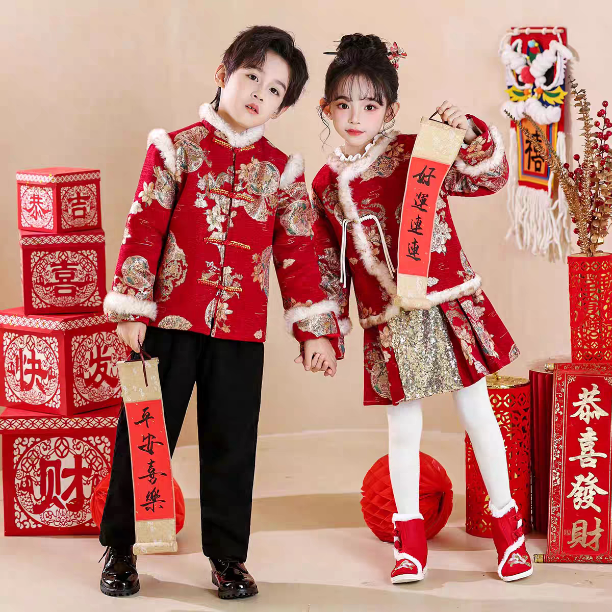 男女童喜庆红色唐装套装拜年汉服