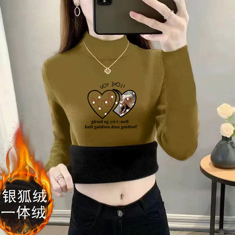 秋冬半高领保暖上衣冬季新款加厚长袖T恤女士修身德绒加绒打底衫