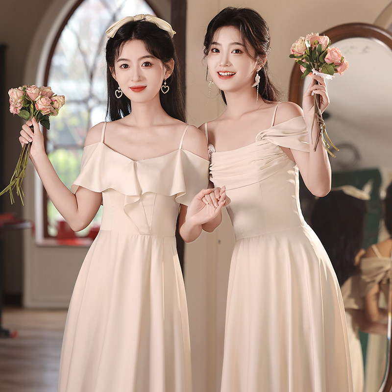 大码香槟色缎面伴娘服2025新款夏小众高级感晚礼服裙气质平时可穿