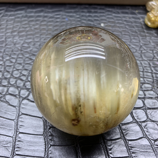 天然兔毛发晶水晶球球摆件黄兔毛绿幽灵共生水晶球球