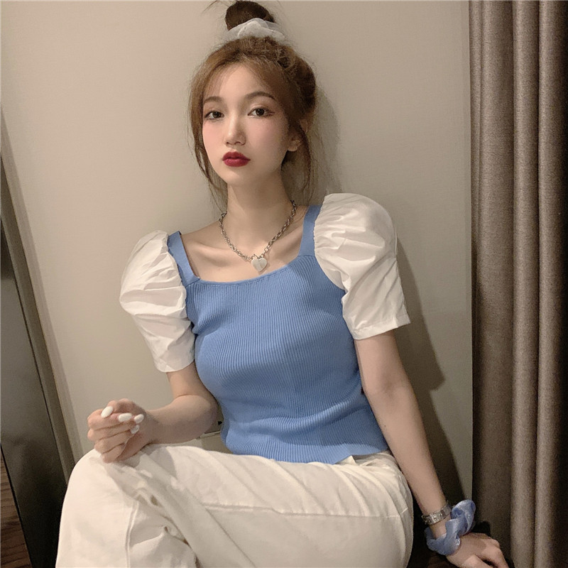 2022夏季新款网红ins超火泡泡袖方领百搭上衣短袖拼接针织t恤女装在类目 女装/女士精品, 派克服中 - 来自Buy2taobao.com提供专业的淘宝代购服务