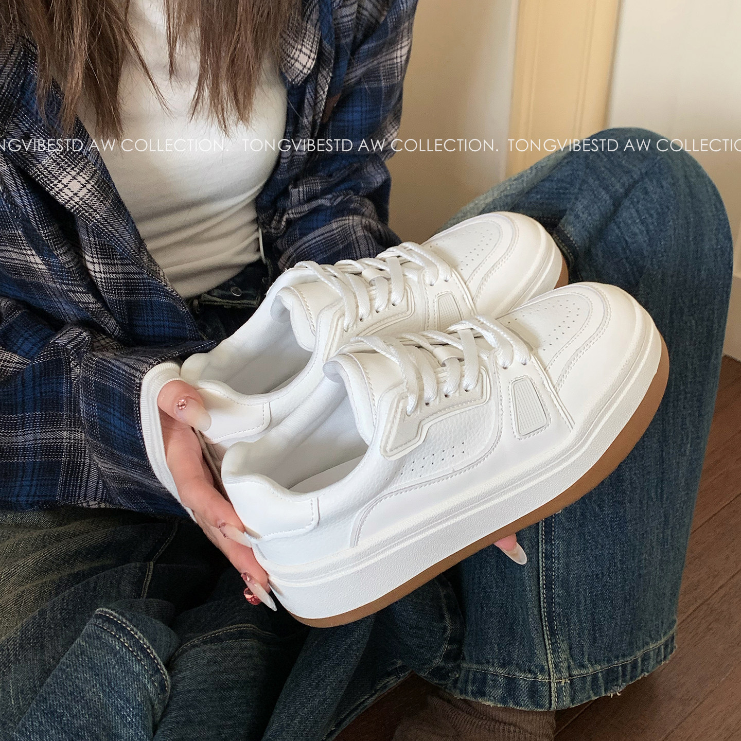 潼潼TONG小个子增高小白鞋女厚底2026春夏季新款百搭真皮休闲板鞋