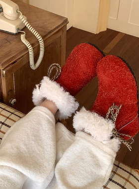 潼潼TONG新年红色战靴小土豆雪地靴女2025冬新款厚底加绒勃肯短靴