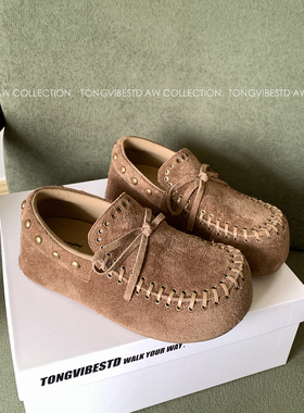 潼潼TONG复古全包厚底勃肯豆豆鞋女2026春新款真皮增高一脚蹬单鞋