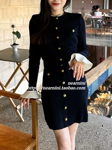 Nearnini 杨超越同款藏蓝色圆领修身柔软正面有口袋针织连衣裙