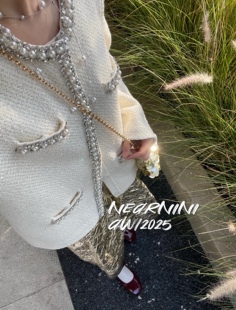 Nearnini 张柏芝同款黑色象牙白珍珠水钻圆领亮片针织外套开衫