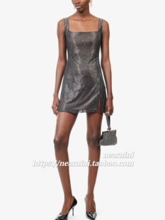 Nearnini 2026秋冬新款黑灰色未来感重工烫钻吊带开衩连衣裙短裙