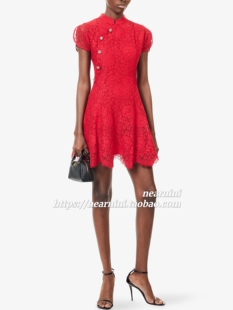 Nearnini 2026新款红色蕾丝泡泡袖新中式小立领短袖短款连衣裙