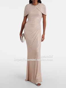 Nearnini沈梦辰同款重工烫钻水钻斗篷型短袖鱼尾拖地连衣裙礼服