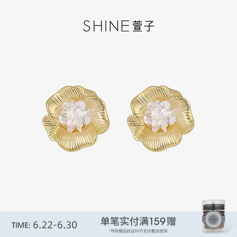 SHINE萱子饰品古法金吉祥系列奢华花朵耳环925银针耳钉早春配