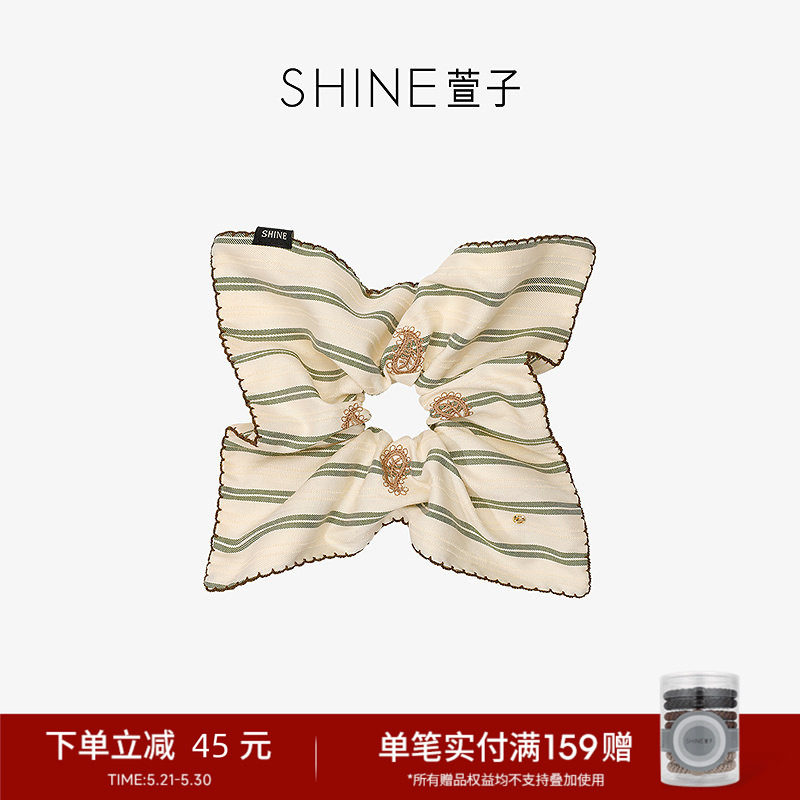 SHINE萱子饰品简约白绿条纹方巾发圈女约会穿搭百搭布艺发绳