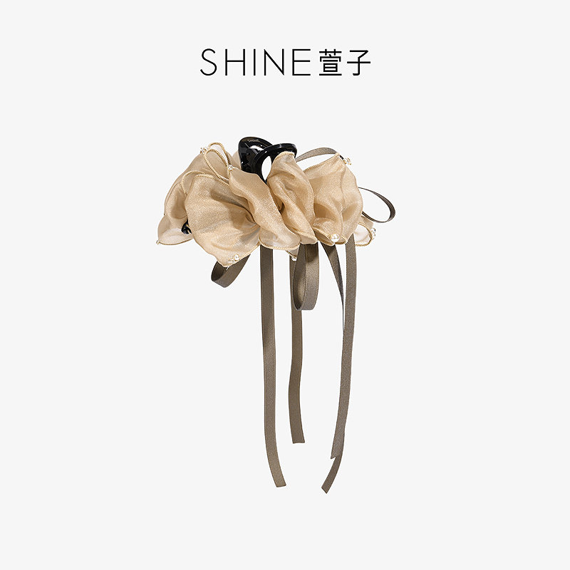 SHINE萱子饰品轻纱绿影系列精致奢华褶皱抓夹氛围感飘带发夹发饰