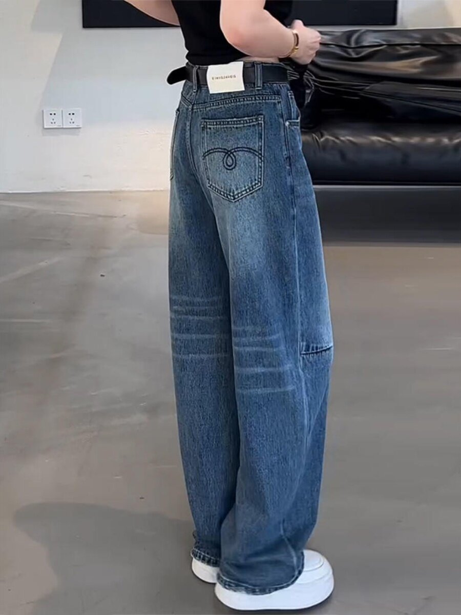 直腿牛仔裤2025年夏季新款大尺寸弯刀裤宽松修身高腰深蓝色阔腿裤